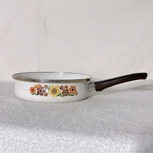 Vintage Enamelware MCM Harvest Blossom Frying Pan Skillet